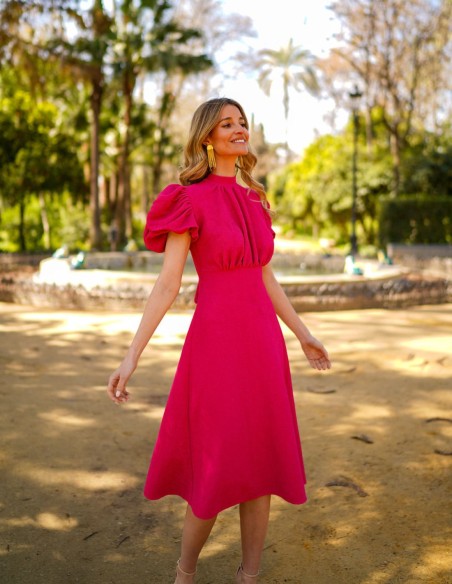 Midi party dress with short sleeves and back ties