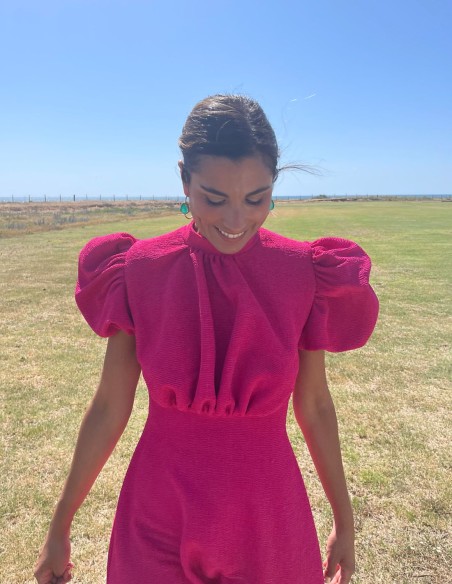 Midi party dress with short sleeves and back ties