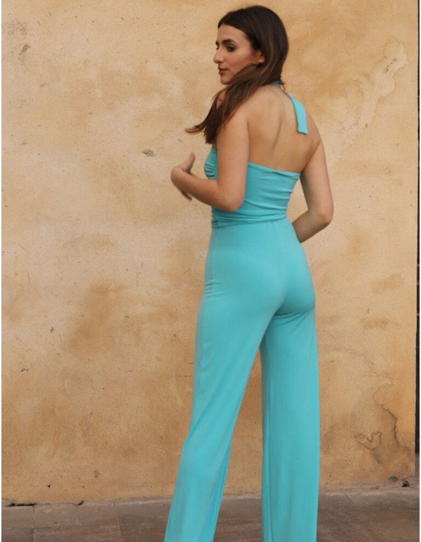 Turquoise blue long party jumpsuit with strapless neckline 2