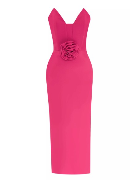 Vestido de cóctel palabra de honor con maxi flor en 3D fucsia