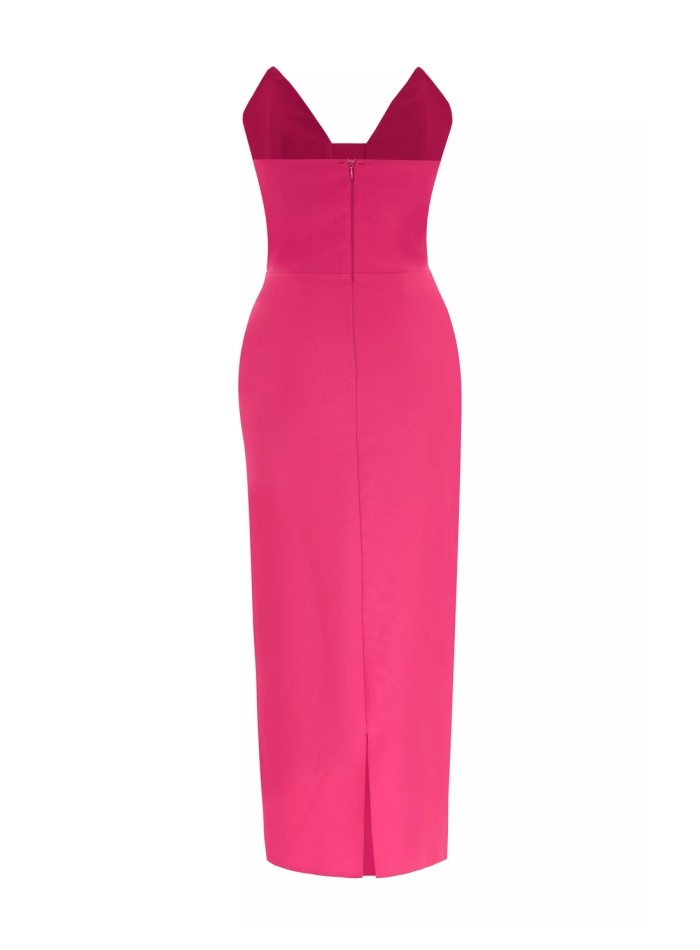 Vestido de cóctel palabra de honor con maxi flor en 3D fucsia