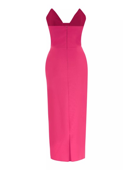 Vestido de cóctel palabra de honor con maxi flor en 3D fucsia