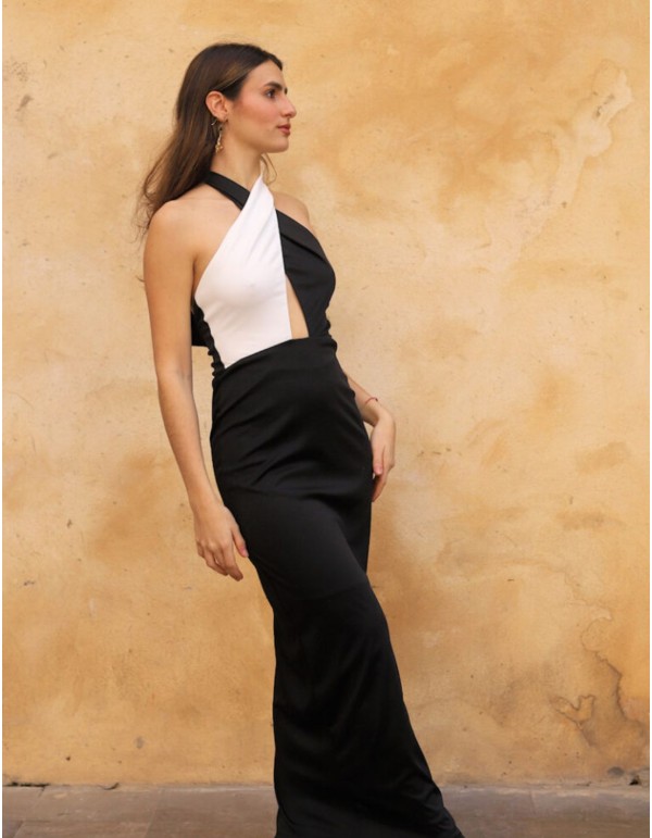 Black and white midi party dress with cut-out halter... 2