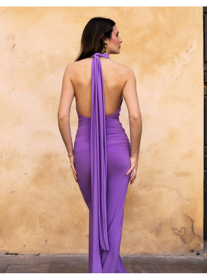 Vestido midi de fiesta lila con escote halter y...