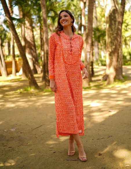 Printed long-sleeved kaftan with straight cut