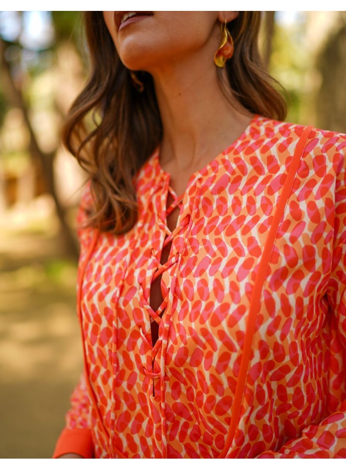 Printed long-sleeved kaftan with straight cut