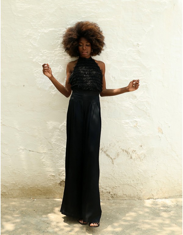 Party jumpsuit with mini ruffle top and palazzo trousers