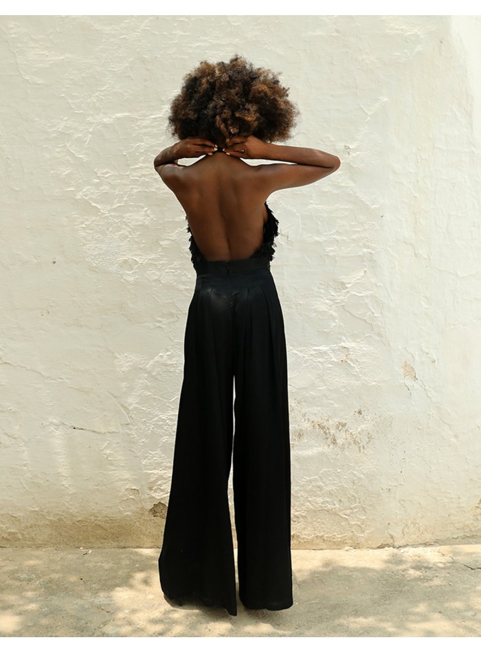 Party jumpsuit with mini ruffle top and palazzo trousers black