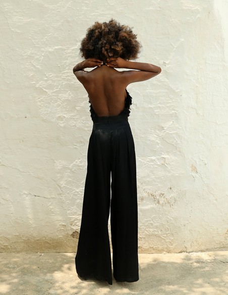 Party jumpsuit with mini ruffle top and palazzo trousers black