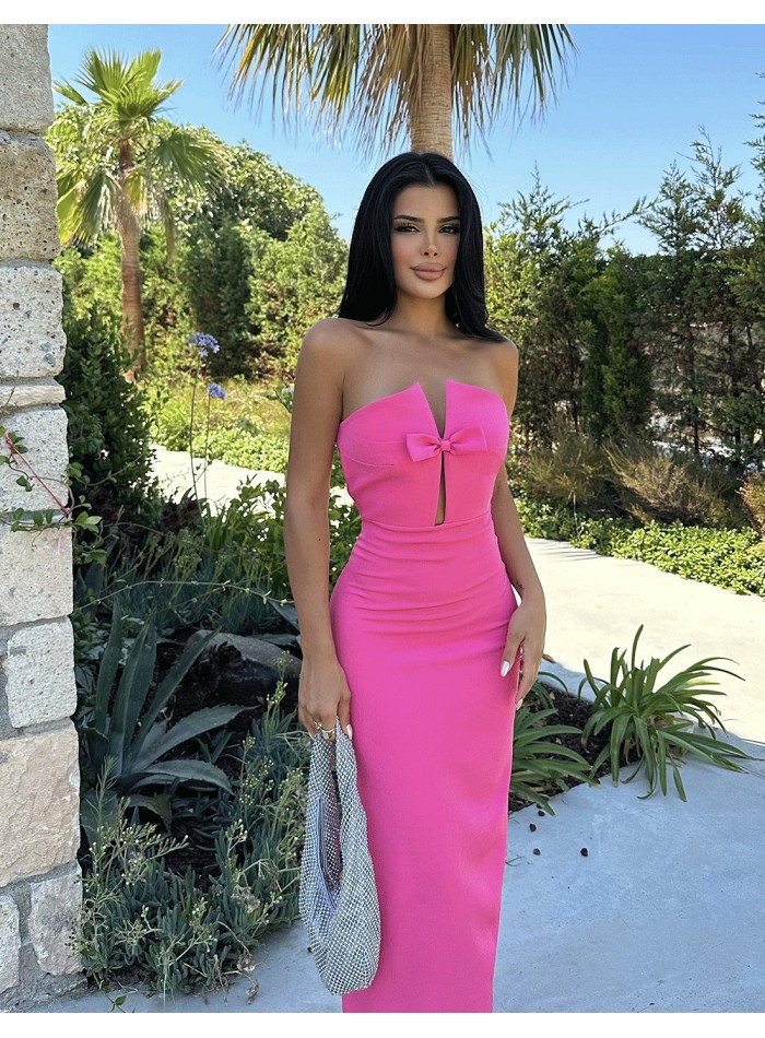 strapless long party gown with front bow