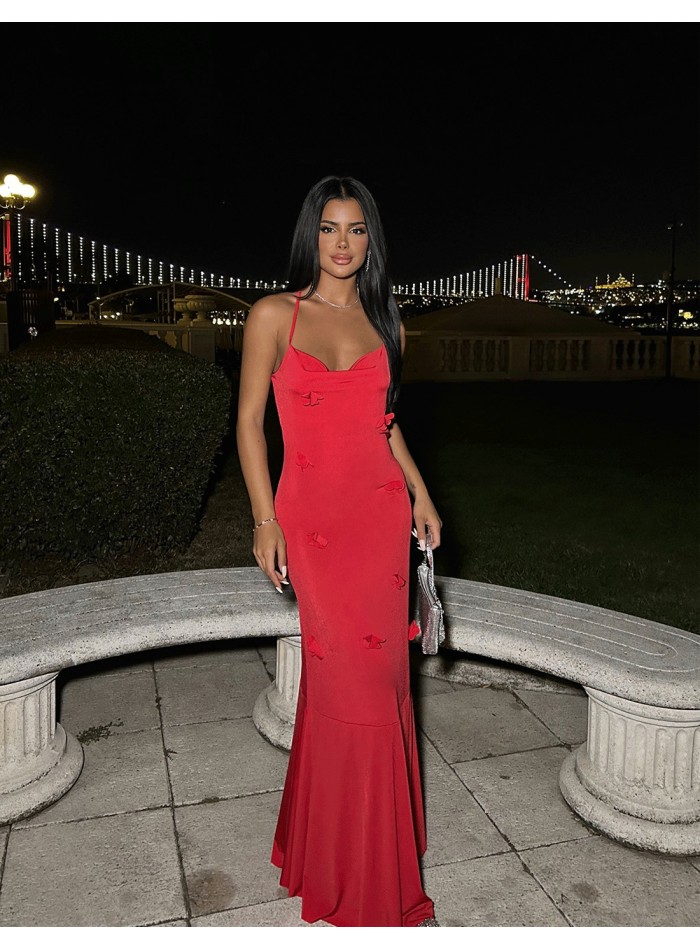 long red gown with 3d flowers