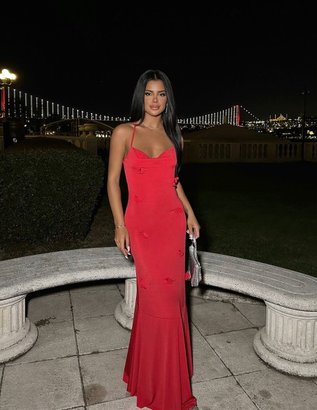 Robe longue de fête rouge avec fleurs en 3D