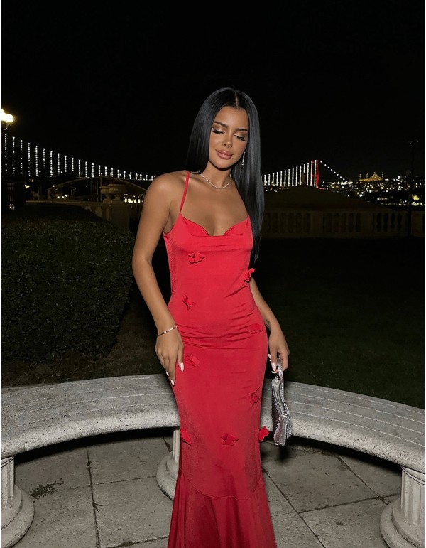 Robe longue de fête rouge avec fleurs en 3D 2