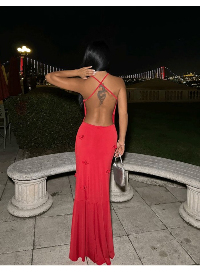 Vestido de fiesta largo rojo con florecitas en 3d