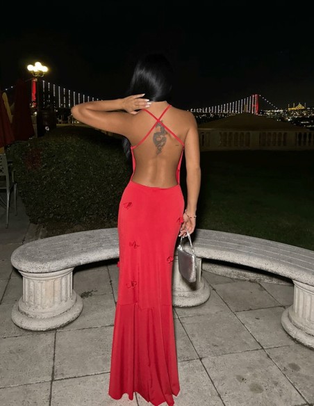 Robe longue de fête rouge avec fleurs en 3D