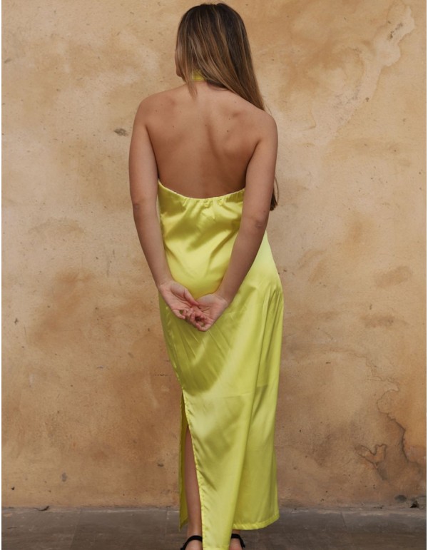 Robe de soirée midi jaune avec encolure licou 2