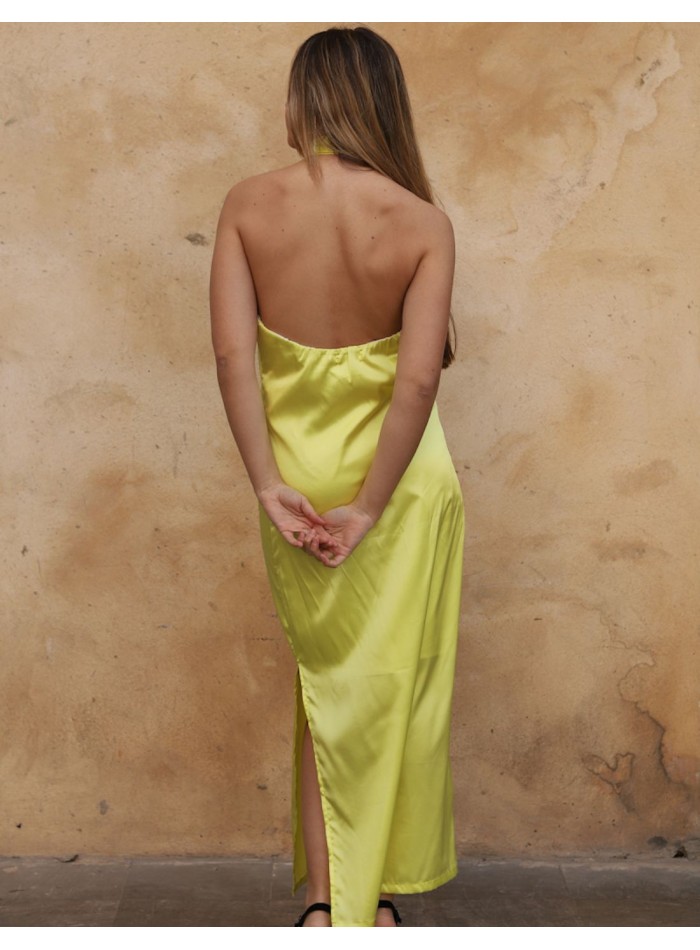 Yellow midi party dress with halter neckline