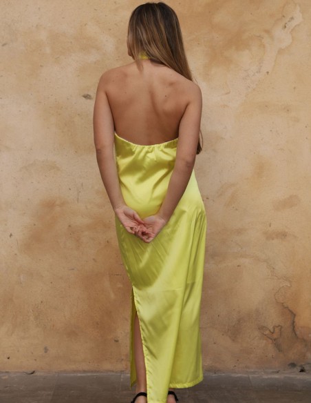 Robe de soirée midi jaune avec encolure licou