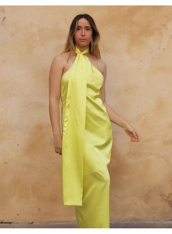 Yellow midi party dress with halter neckline