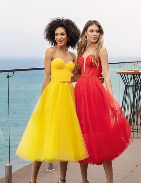 Robe de soirée midi avec encolure cache-coeur et jupe en tulle