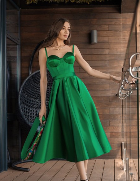 Midi ball gown with corset bodice and flared skirt