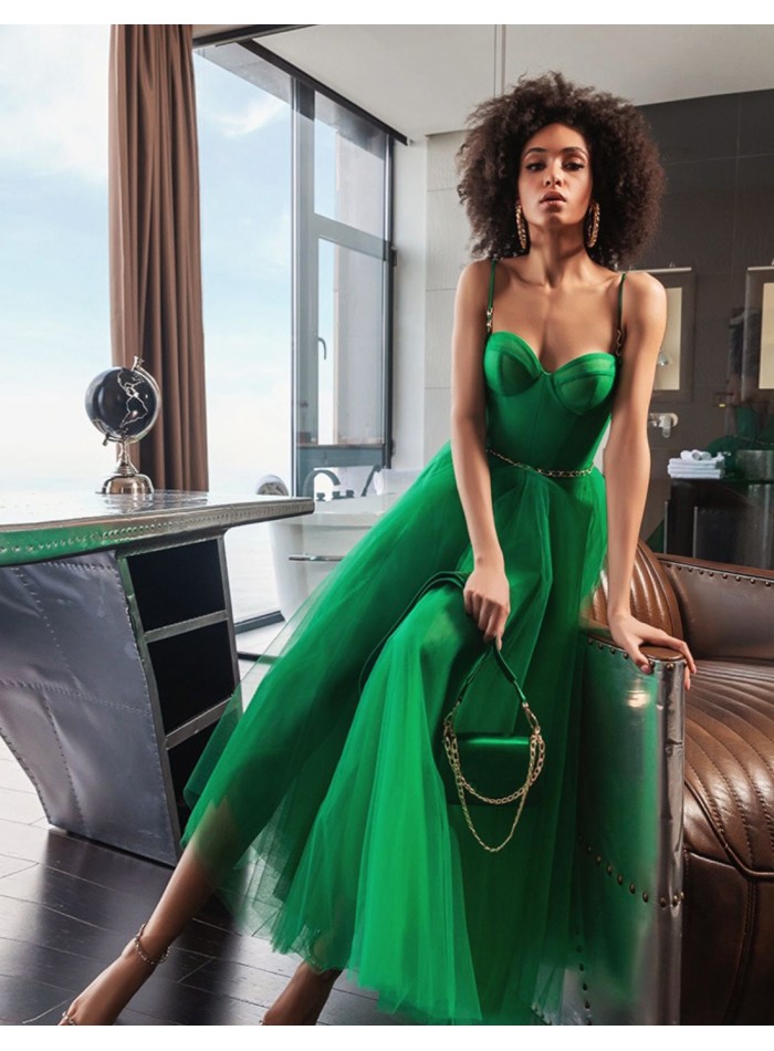Vestido midi de fiesta verde con corpiño y...