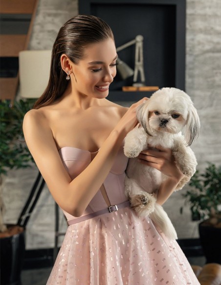 Robe de soirée midi rose poudré avec plumeti