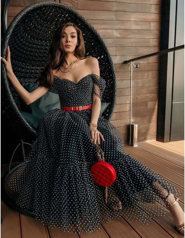 Black midi party dress in plumeti with dropped sleeves