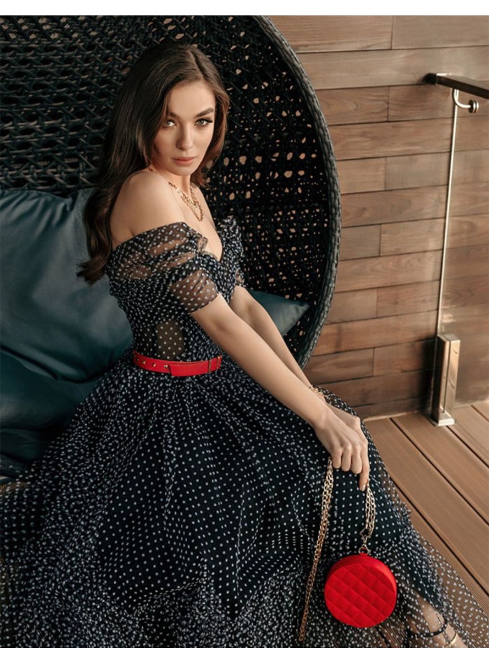 Black midi party dress in plumeti with dropped...