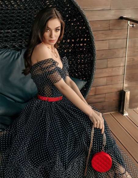 Black midi party dress in plumeti with dropped sleeves