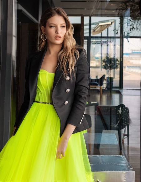 Vestido midi de fiesta fluor con falda evasé de tul