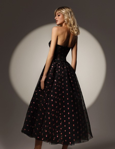 Black midi party dress with metallic polka dots and strapless
