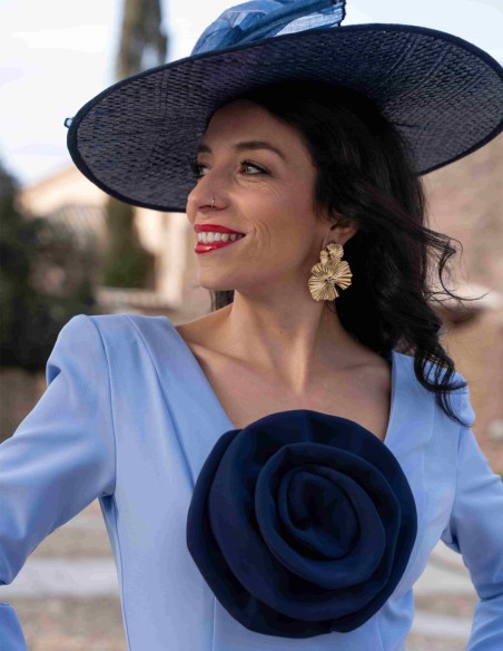 Vestido de fiesta midi con maxi flor azul