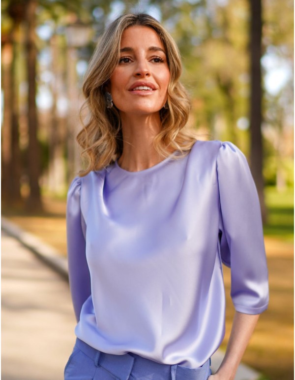French sleeve satin blouse with gathers on the shoulder