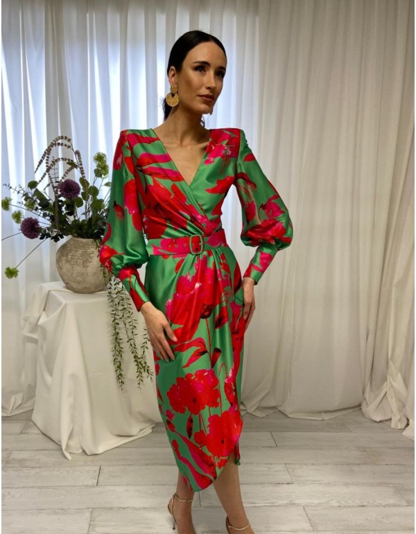 Vestido midi de fiesta con manga abullonada y cinturón