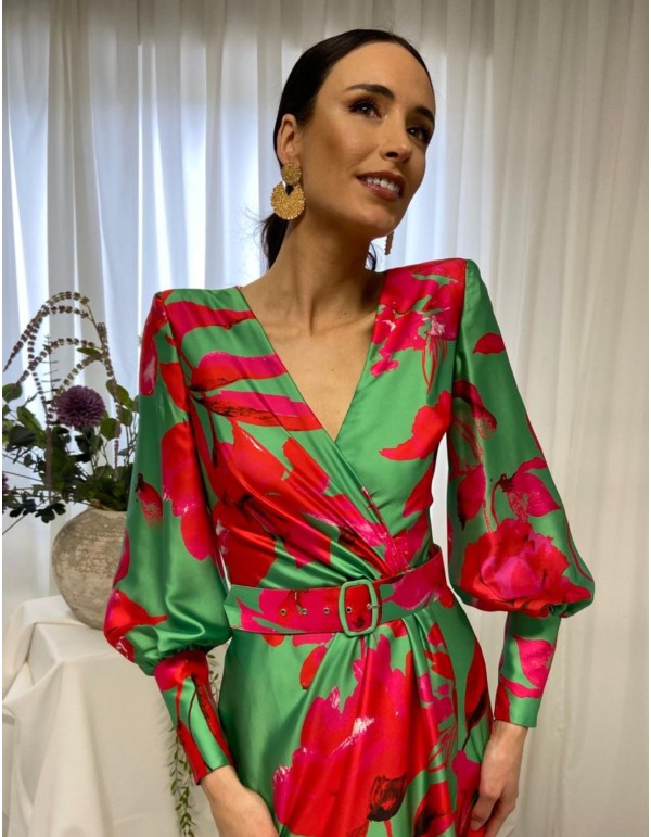 Robe de soirée midi avec manches bouffantes et ceinture 2