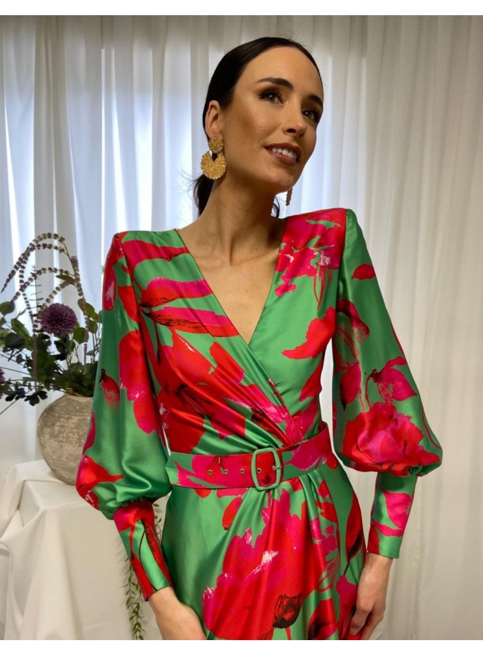 Midi party dress with puffed sleeves and belt