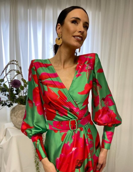 Vestido midi de fiesta con manga abullonada y cinturón