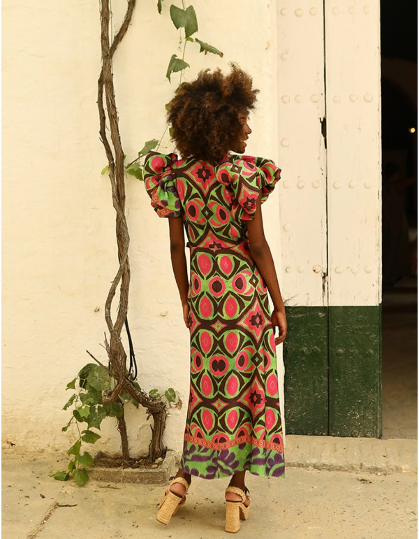 Multicoloured satin printed midi party dress 2