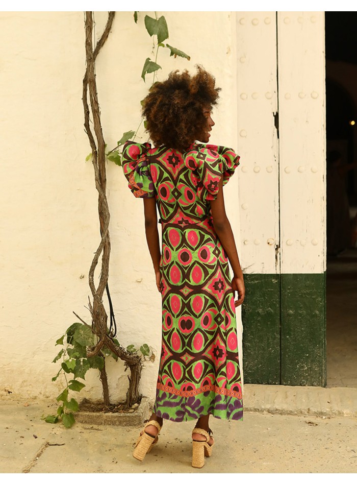 Multicoloured satin printed midi party dress for guest