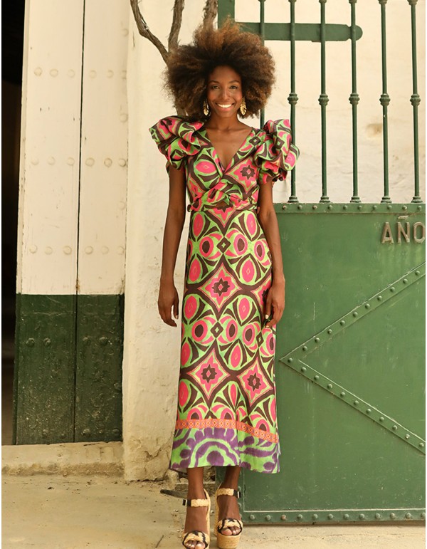 Multicoloured satin printed midi party dress