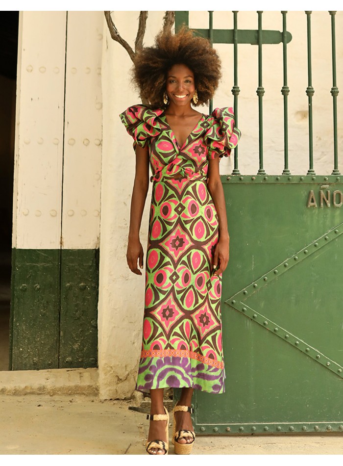Multicoloured satin printed midi party dress
