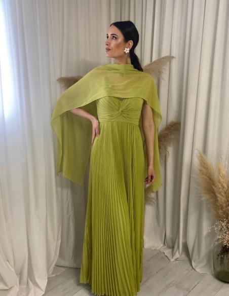 Long pleated party dress with straps and shawl