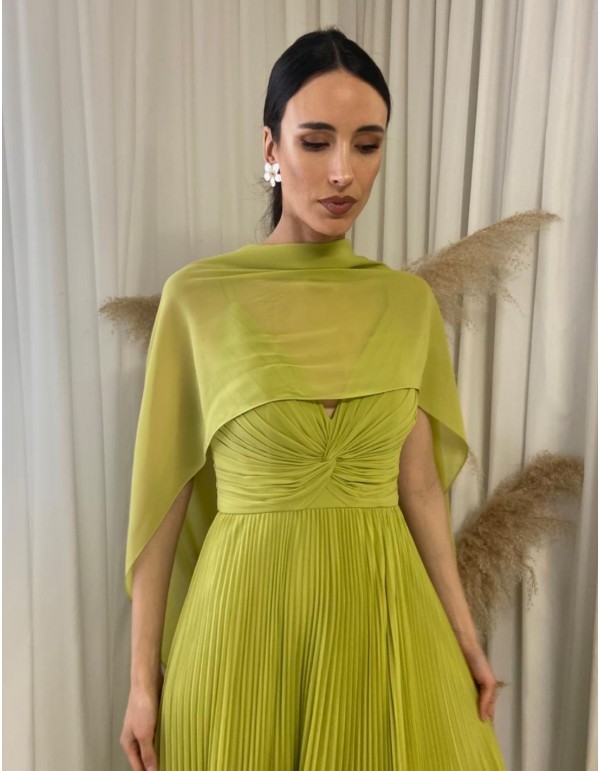 Long pleated party dress with straps and shawl 2
