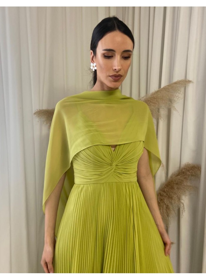 Long pleated party dress with straps and shawl