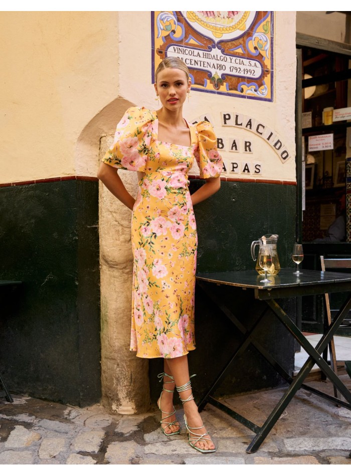Floral print midi party dress with short puffed...
