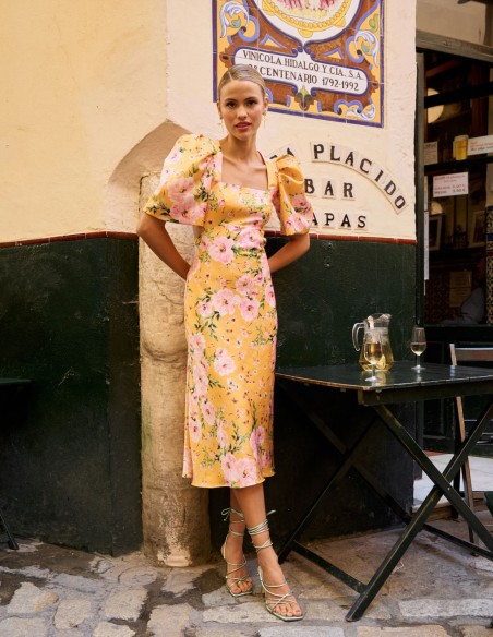 Vestido de fiesta midi con estampado floral y manga corta abullonada