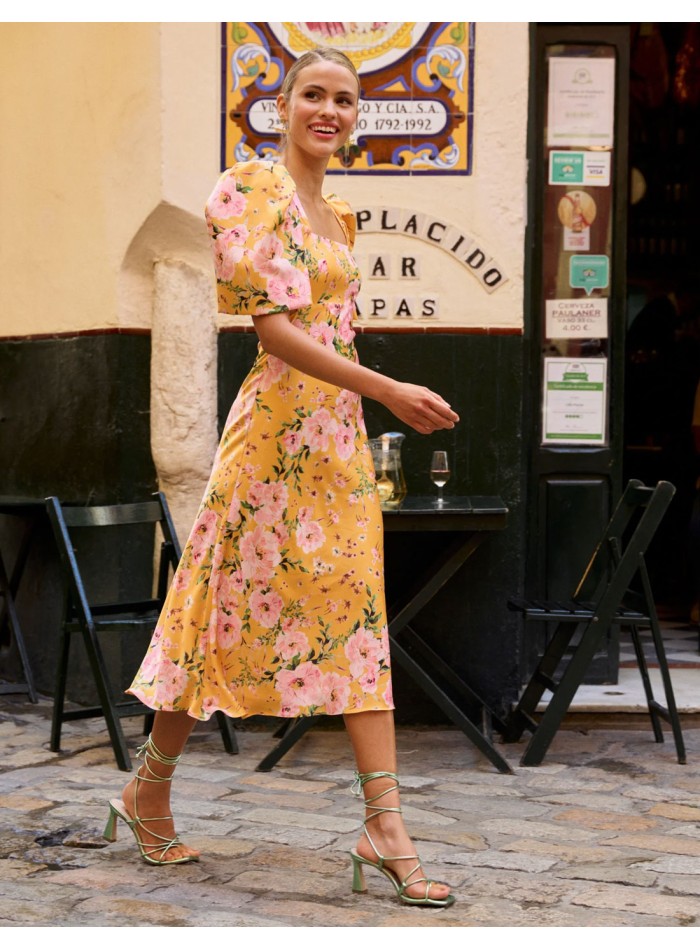 Floral print midi party dress with short puffed...