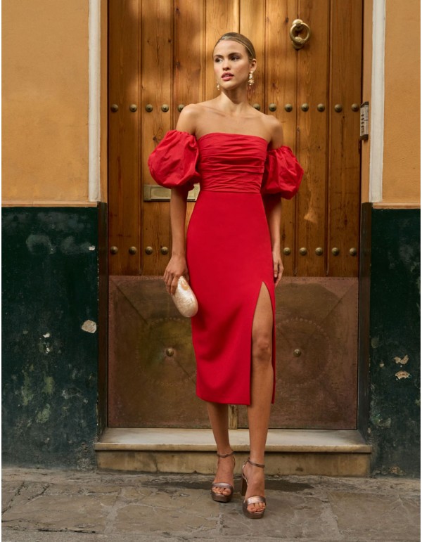 Midi party dress with puffed sleeves and strapless neckline 2