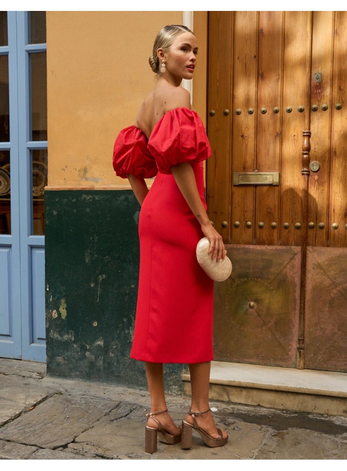 Robe de soirée midi avec manches bouffantes et...